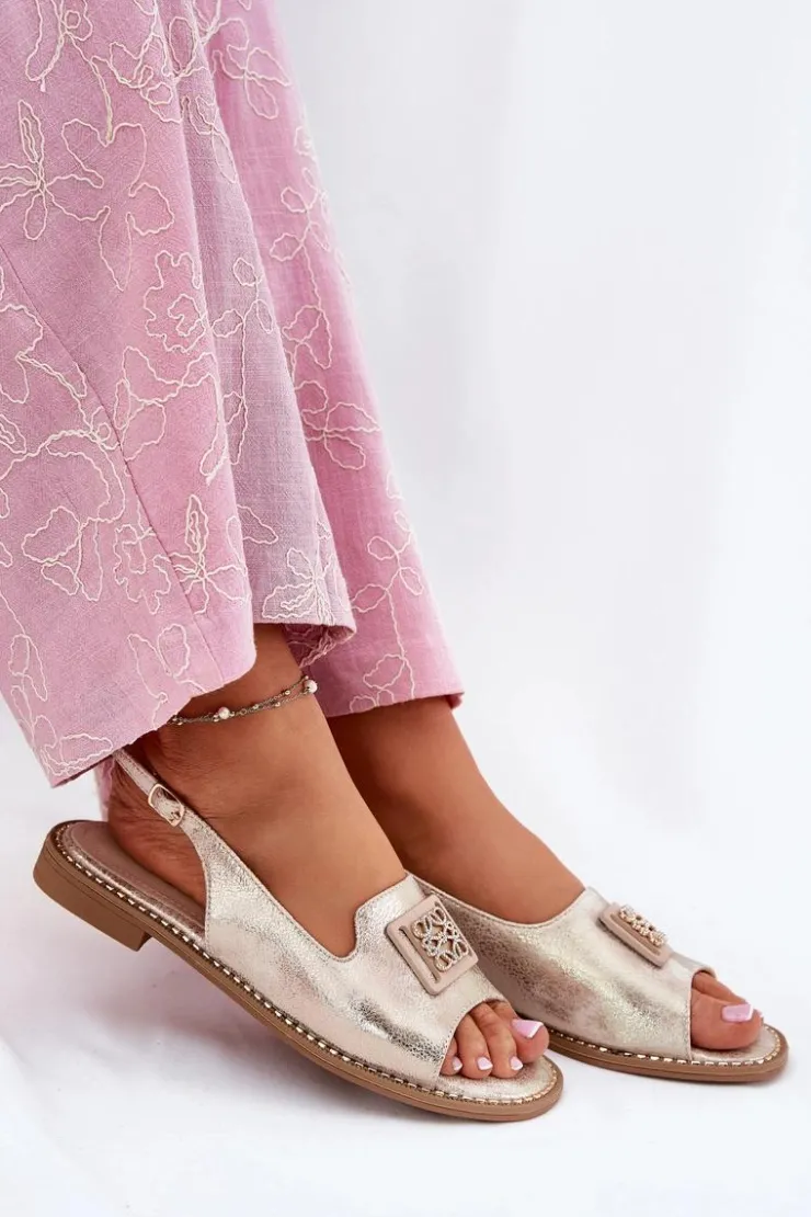 Damskie buty S.Barski Eleganckie Sandały Damskie Na Płaskim Obcasie Z Ozdobą S.Barski KV51-082 Złote Złoty