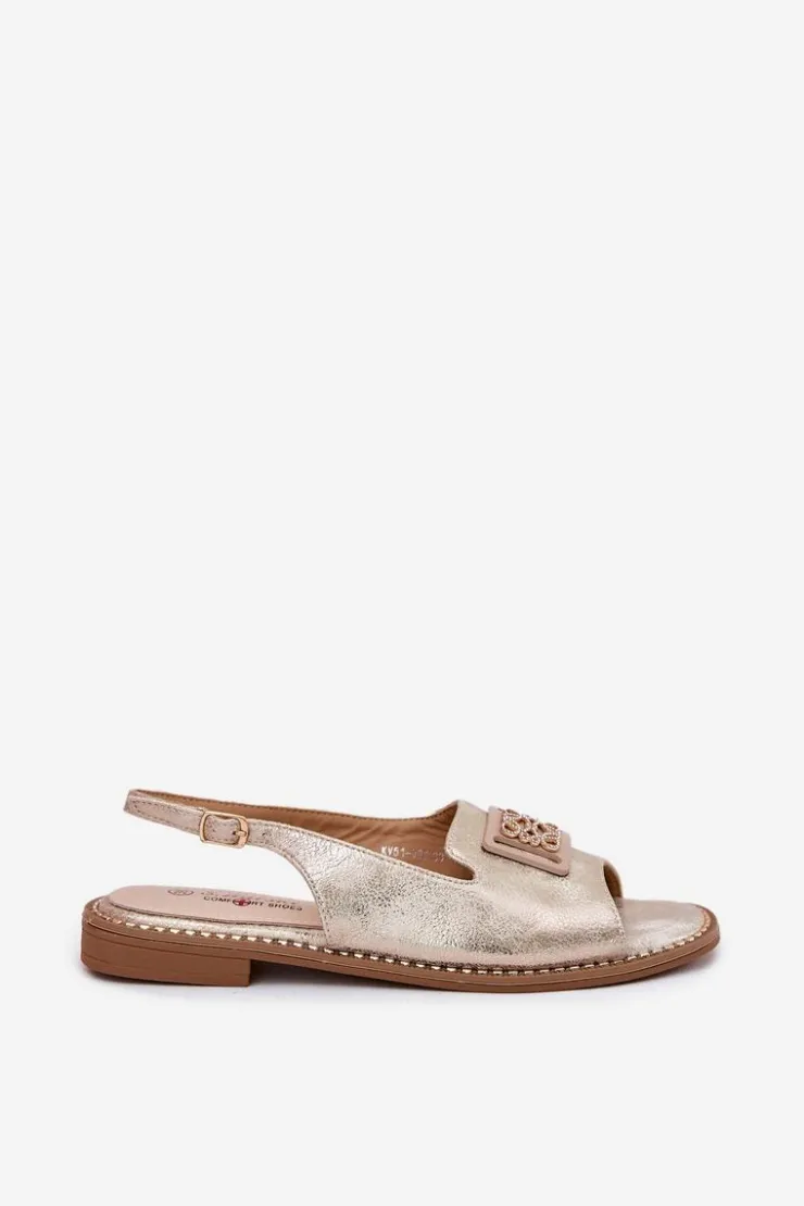 Damskie buty S.Barski Eleganckie Sandały Damskie Na Płaskim Obcasie Z Ozdobą S.Barski KV51-082 Złote Złoty