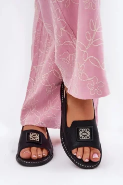 Damskie buty S.Barski Sandały Płaskie*Eleganckie Sandały Damskie Na Płaskim Obcasie Z Ozdobą S.Barski KV51-082 Czarne Czarny