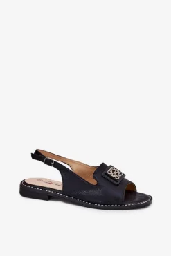 Damskie buty S.Barski Sandały Płaskie*Eleganckie Sandały Damskie Na Płaskim Obcasie Z Ozdobą S.Barski KV51-082 Czarne Czarny