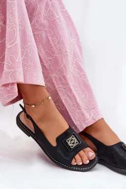 Damskie buty S.Barski Sandały Płaskie*Eleganckie Sandały Damskie Na Płaskim Obcasie Z Ozdobą S.Barski KV51-082 Czarne Czarny