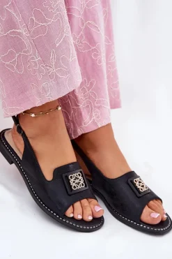 Damskie buty S.Barski Sandały Płaskie*Eleganckie Sandały Damskie Na Płaskim Obcasie Z Ozdobą S.Barski KV51-082 Czarne Czarny