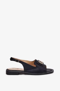 Damskie buty S.Barski Sandały Płaskie*Eleganckie Sandały Damskie Na Płaskim Obcasie Z Ozdobą S.Barski KV51-082 Czarne Czarny