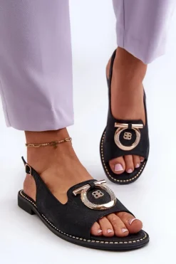 Clearance Damskie buty S.Barski Eleganckie Sandały Damskie Ze Złotą Ozdobą Na Płaskim Obcasie Czarne S.Barski KV27-053