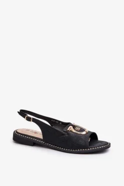 Clearance Damskie buty S.Barski Eleganckie Sandały Damskie Ze Złotą Ozdobą Na Płaskim Obcasie Czarne S.Barski KV27-053