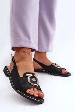 Clearance Damskie buty S.Barski Eleganckie Sandały Damskie Ze Złotą Ozdobą Na Płaskim Obcasie Czarne S.Barski KV27-053