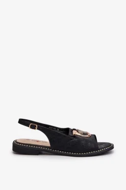 Clearance Damskie buty S.Barski Eleganckie Sandały Damskie Ze Złotą Ozdobą Na Płaskim Obcasie Czarne S.Barski KV27-053