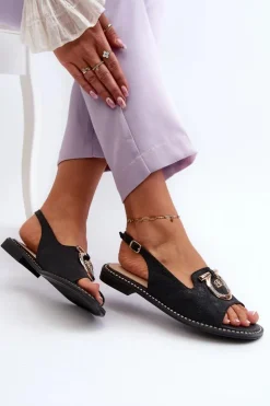 Clearance Damskie buty S.Barski Eleganckie Sandały Damskie Ze Złotą Ozdobą Na Płaskim Obcasie Czarne S.Barski KV27-053