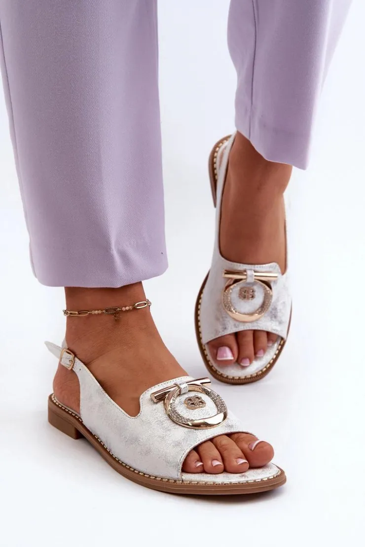 Damskie Damskie buty S.Barski Eleganckie Sandały Damskie Ze Złotą Ozdobą Na Płaskim Obcasie Srebrne S.Barski KV27-053