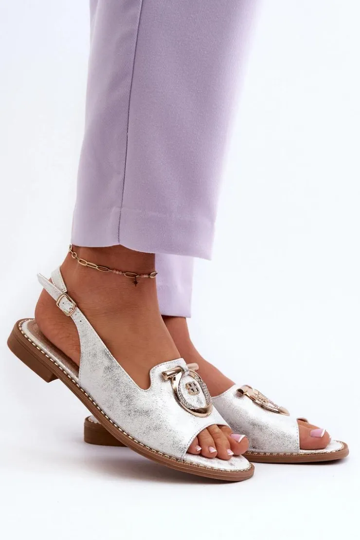 Damskie Damskie buty S.Barski Eleganckie Sandały Damskie Ze Złotą Ozdobą Na Płaskim Obcasie Srebrne S.Barski KV27-053