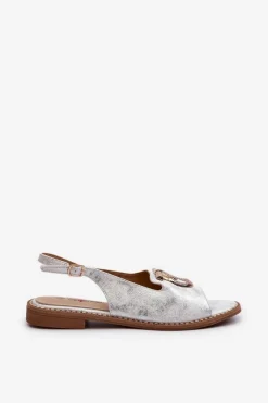 Damskie Damskie buty S.Barski Eleganckie Sandały Damskie Ze Złotą Ozdobą Na Płaskim Obcasie Srebrne S.Barski KV27-053