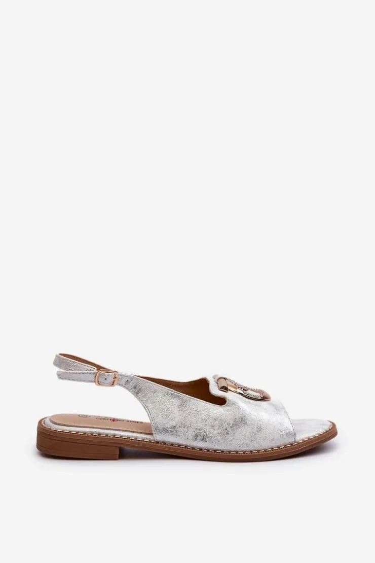 Damskie Damskie buty S.Barski Eleganckie Sandały Damskie Ze Złotą Ozdobą Na Płaskim Obcasie Srebrne S.Barski KV27-053