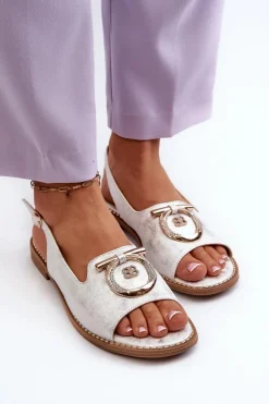 Damskie Damskie buty S.Barski Eleganckie Sandały Damskie Ze Złotą Ozdobą Na Płaskim Obcasie Srebrne S.Barski KV27-053