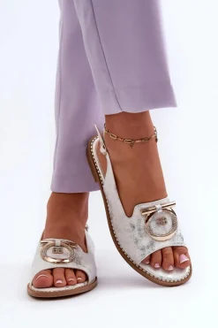 Damskie Damskie buty S.Barski Eleganckie Sandały Damskie Ze Złotą Ozdobą Na Płaskim Obcasie Srebrne S.Barski KV27-053