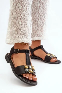 Damskie buty S.Barski Sandały Płaskie*Eleganckie Sandały Damskie Z Ozdobnymi Detalami S.Barski KV27-030 Czarne Czarny