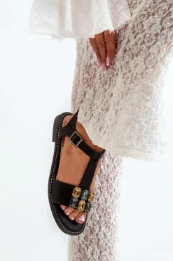 Damskie buty S.Barski Sandały Płaskie*Eleganckie Sandały Damskie Z Ozdobnymi Detalami S.Barski KV27-030 Czarne Czarny