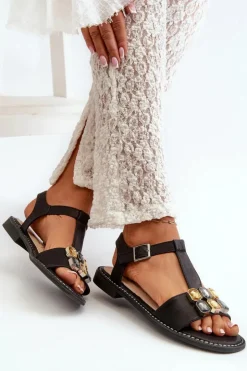 Damskie buty S.Barski Sandały Płaskie*Eleganckie Sandały Damskie Z Ozdobnymi Detalami S.Barski KV27-030 Czarne Czarny