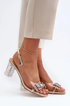 Damskie Damskie buty S.Barski Eleganckie Sandały Na Słupku Z Ozdobami Złote D&A MR38-444