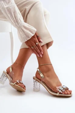 Damskie Damskie buty S.Barski Eleganckie Sandały Na Słupku Z Ozdobami Złote D&A MR38-444