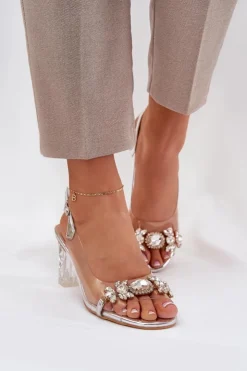 Damskie Damskie buty S.Barski Eleganckie Sandały Na Słupku Z Ozdobami Srebrne D&A MR38-444