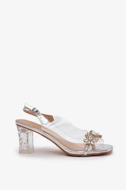 Damskie Damskie buty S.Barski Eleganckie Sandały Na Słupku Z Ozdobami Srebrne D&A MR38-444