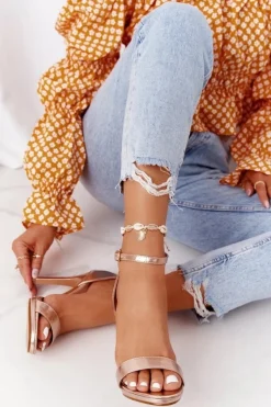 Boto Sandały Na Obcasie*Eleganckie Sandały Na Szpilce Różowe Złoto Glamour