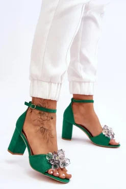 Damskie Boto Eleganckie Sandały Z Kryształami Na Obcasie Zielone Cameron
