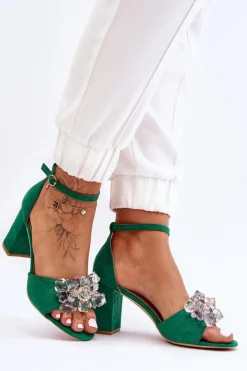 Damskie Boto Eleganckie Sandały Z Kryształami Na Obcasie Zielone Cameron