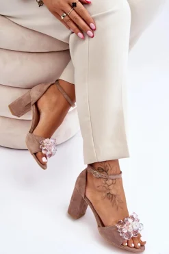 Damskie Boto Eleganckie Sandały Z Kryształami Na Obcasie Ciemnobeżowe Cameron