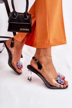 Damskie buty S.Barski Sandały Na Obcasie*Eleganckie Sandały Z Kryształami Czarne Lanette