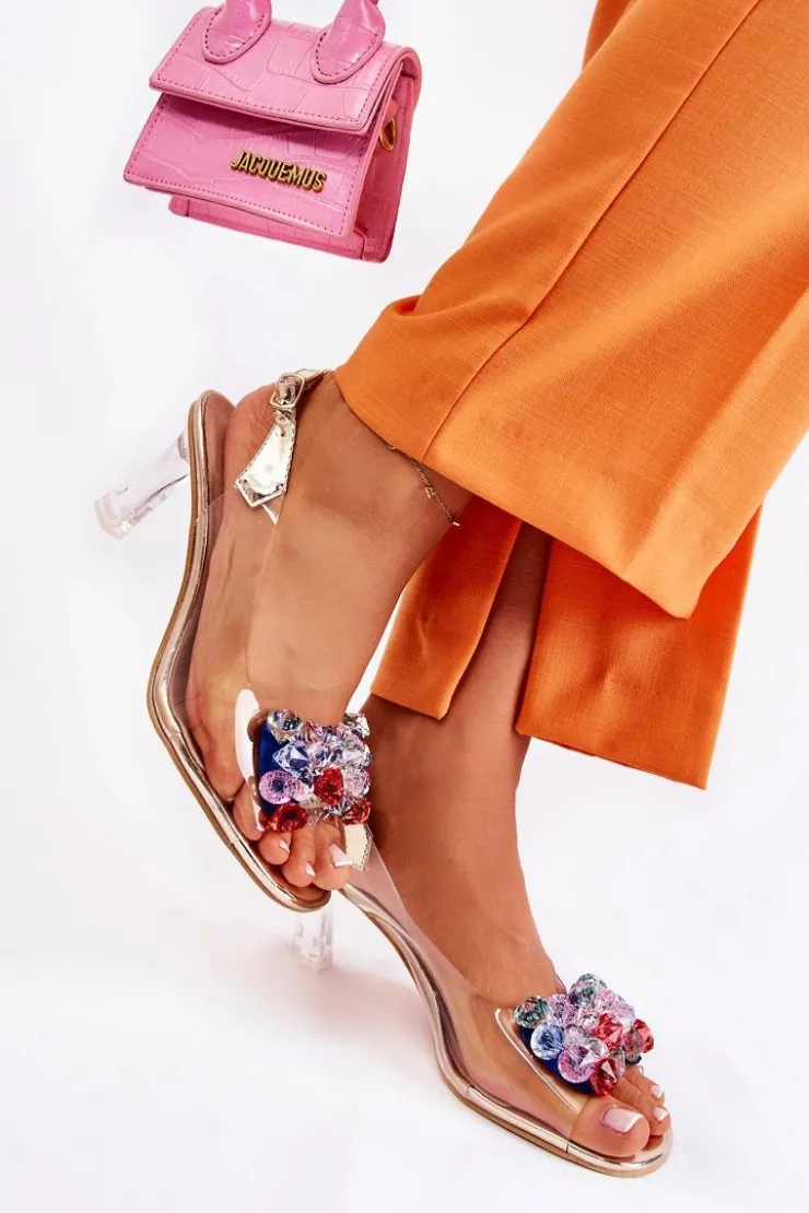 New Damskie buty S.Barski Eleganckie Sandały Z Kryształami Złote Lanette