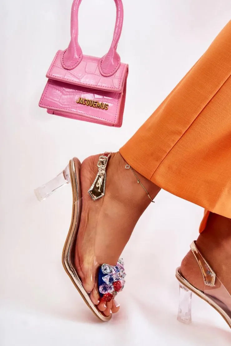 New Damskie buty S.Barski Eleganckie Sandały Z Kryształami Złote Lanette