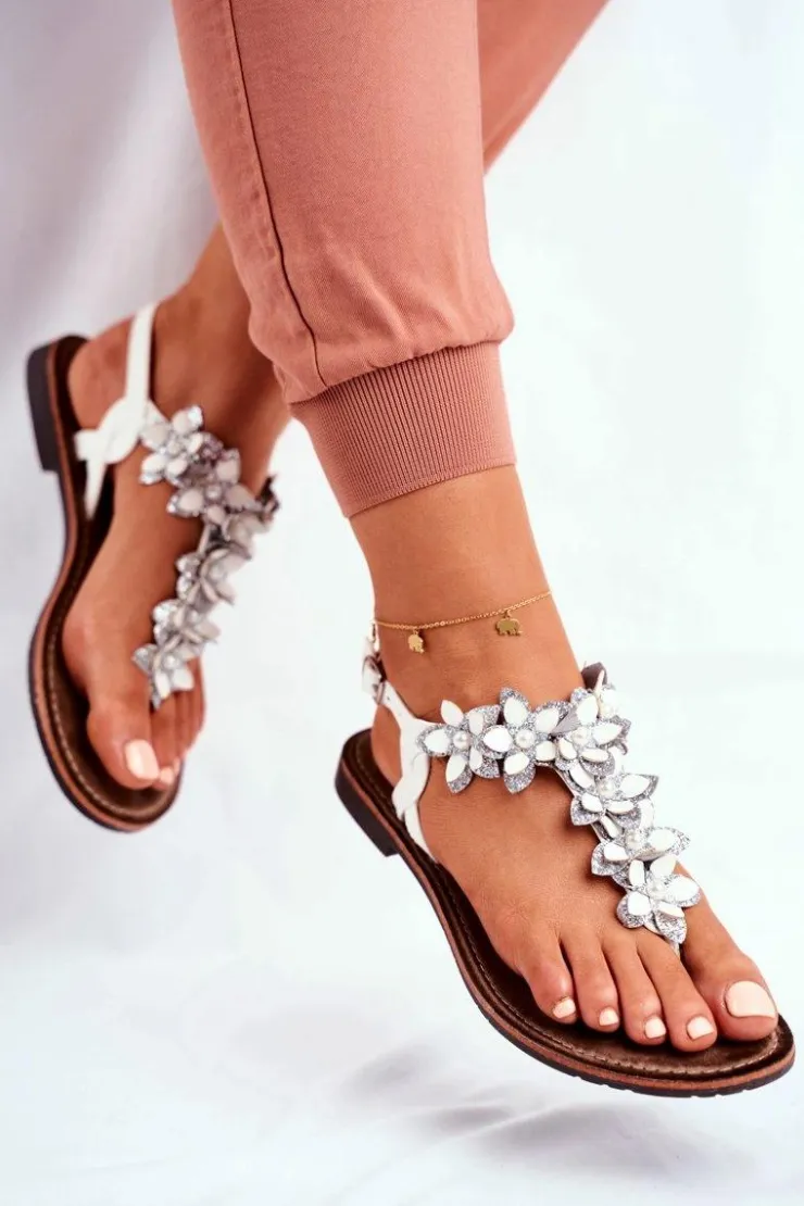 Evento Sandały Płaskie*Eleganckie Sandały Z Kwiatkami Białe Sunny
