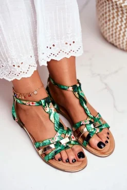 Boto Sandały Płaskie*Eleganckie Sandały Z Kwiatowym Wzorem Zielone Brooke