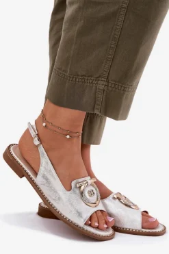 Damskie Damskie buty S.Barski Eleganckie Sandały Z Ozdobą Na Płaskim Obcasie S.Barski KV51-003 Srebrne