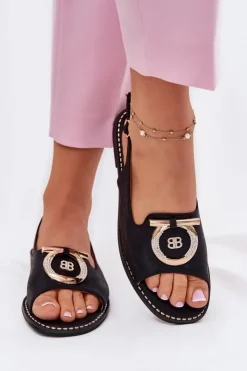 Damskie buty S.Barski Sandały Płaskie*Eleganckie Sandały Z Ozdobą Na Płaskim Obcasie S.Barski KV51-003 Czarne Czarny