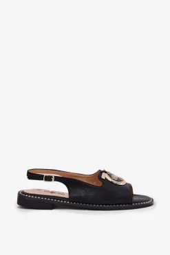 Damskie buty S.Barski Sandały Płaskie*Eleganckie Sandały Z Ozdobą Na Płaskim Obcasie S.Barski KV51-003 Czarne Czarny