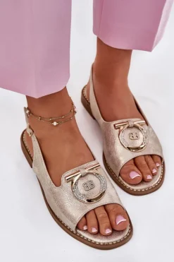 Damskie Damskie buty S.Barski Eleganckie Sandały Z Ozdobą Na Płaskim Obcasie S.Barski KV51-003 Złote