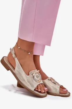 Damskie Damskie buty S.Barski Eleganckie Sandały Z Ozdobą Na Płaskim Obcasie S.Barski KV51-003 Złote