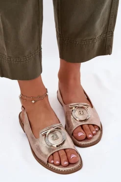 Best Damskie buty S.Barski Eleganckie Sandały Z Ozdobą Na Płaskim Obcasie S.Barski KV51-003 Różowe Złoto Złoty