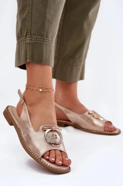 Best Damskie buty S.Barski Eleganckie Sandały Z Ozdobą Na Płaskim Obcasie S.Barski KV51-003 Różowe Złoto Złoty