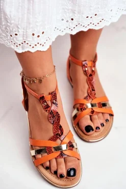 Boto Sandały Płaskie*Eleganckie Sandały Z Wężowym Wzorem Pomarańczowe Brooke