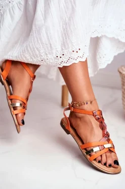 Boto Sandały Płaskie*Eleganckie Sandały Z Wężowym Wzorem Pomarańczowe Brooke