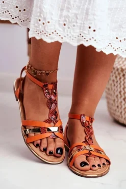 Boto Sandały Płaskie*Eleganckie Sandały Z Wężowym Wzorem Pomarańczowe Brooke