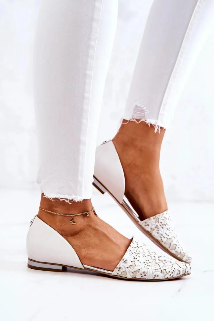 Clearance Laura Messi Eleganckie Skórzane Baleriny 1110 Beżowe