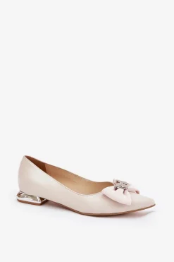 Best Laura Messi Eleganckie Skórzane Baleriny Damskie Z Kokardką 2893 Beżowe