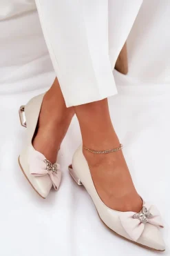 Best Laura Messi Eleganckie Skórzane Baleriny Damskie Z Kokardką 2893 Beżowe