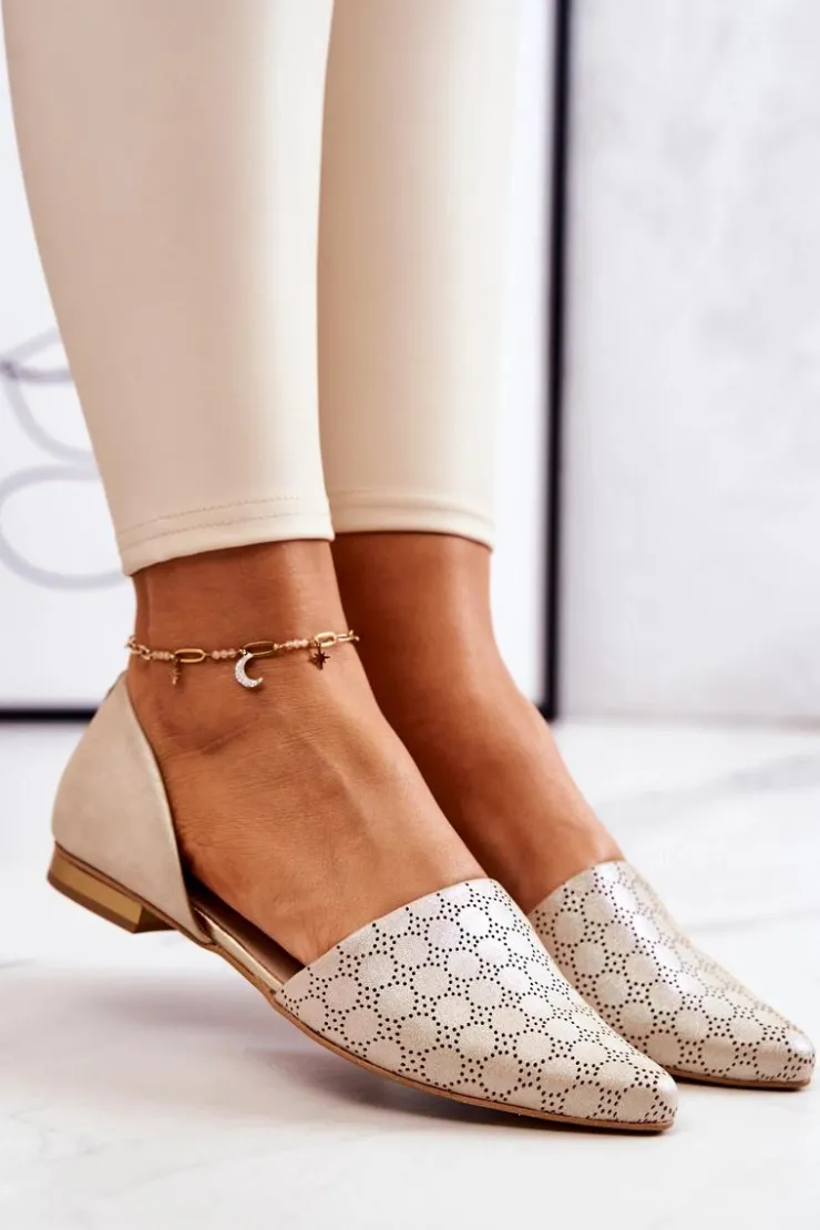 Laura Messi Baleriny Skórzane|Baleriny Klasyczne*Eleganckie Skórzane Baleriny 1110 Złote Benzynowe