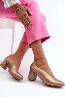 Damskie Maciejka Eleganckie Skórzane Czółenka Na Słupku 06422-25 Złote