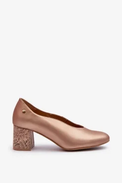 Damskie Maciejka Eleganckie Skórzane Czółenka Na Słupku 06422-25 Złote